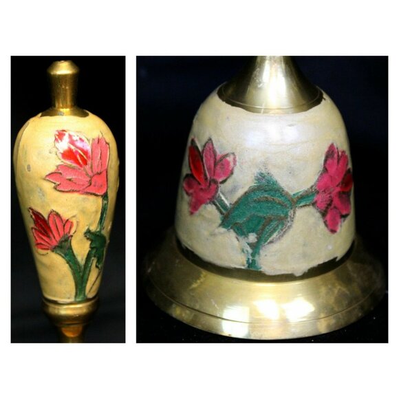 Metal Golden Brass Hand Bell Cream Enameled Pink Red Floral Pattern - Picture 6 of 12